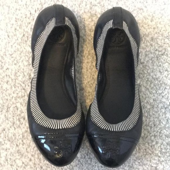 TORY BURCH LIKE NEW BLACK LEATHER GABBY BALLET FLAT ELASTIC FITTED COMFY Size 7 - Picture 9 of 16